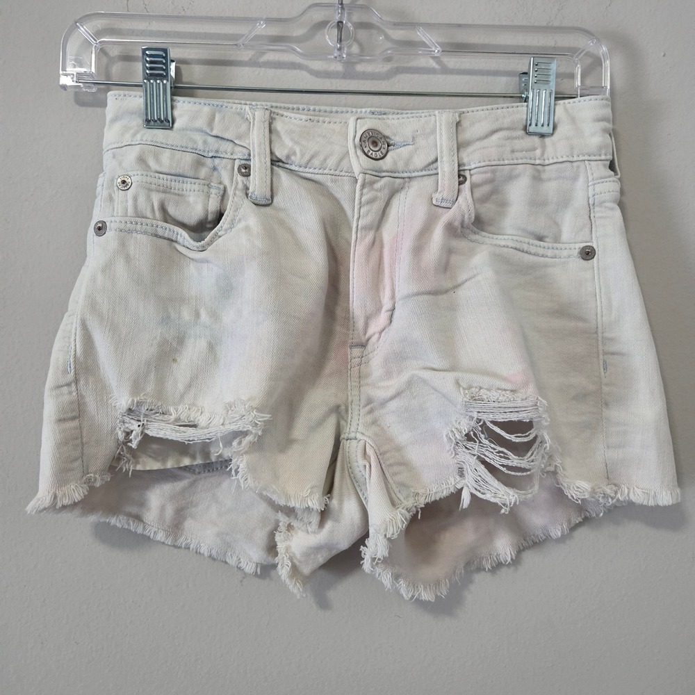 American Eagle Hi-Rise Shortie Distressed Denim Jean Shorts Light Wash Size 00